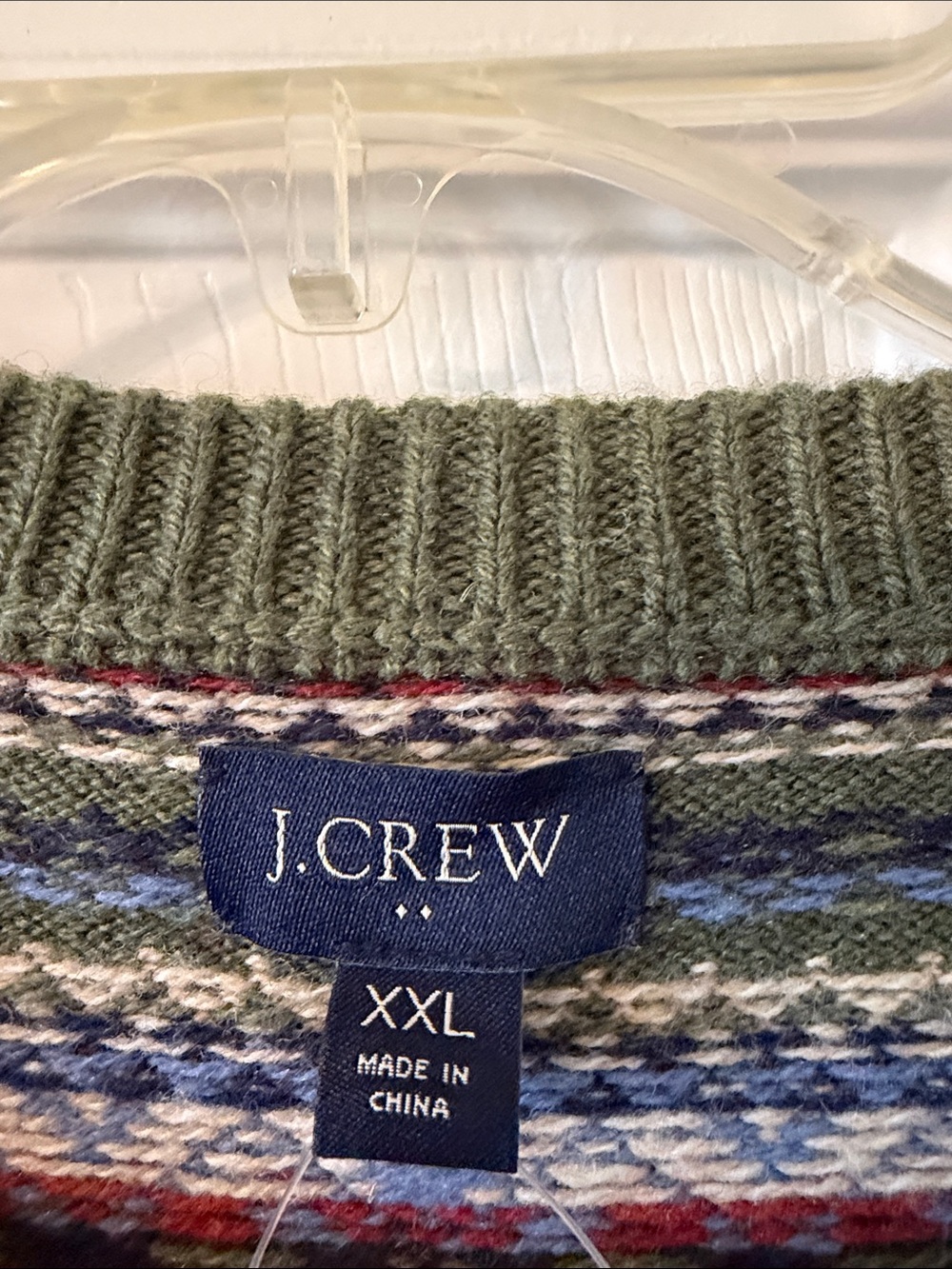 J. Crew Olive Fair Isle Crewneck Sweater with Red and Blue Accents beautiful XXL - Picture 2 of 8